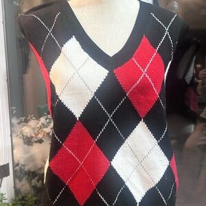 Argyle V-Neck Sweater Vest - Black, Red, and White